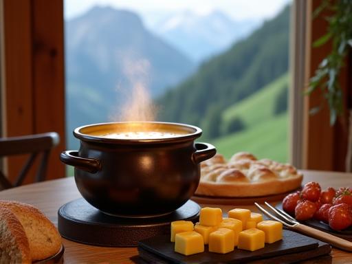 A traditional Swiss cheese fondue meal with a mountain view