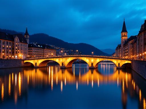 The iconic Chapel Bridge in Lucerne at dusk