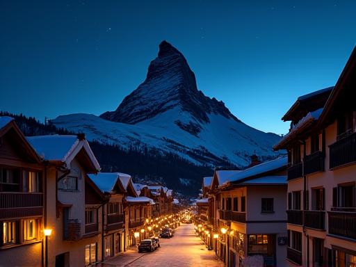 The car-free village of Zermatt at night with the Matterhorn
