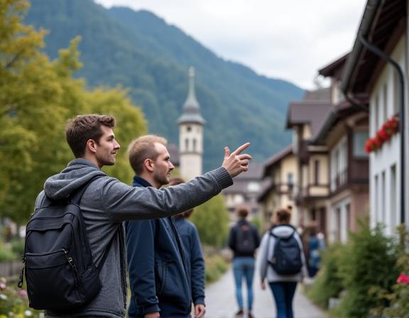 A Swiss guide pointing out a landmark in a charming village.
